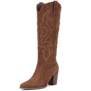 Knee High Suede Cowboy Boots Women's 3.2" Heel Side Zipper Western